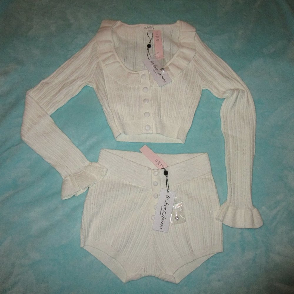 For Love & Lemons XXS NWT 2 Piece Camille Set Pointelle Knit Shorts Cardigan Top - Picture 11 of 11